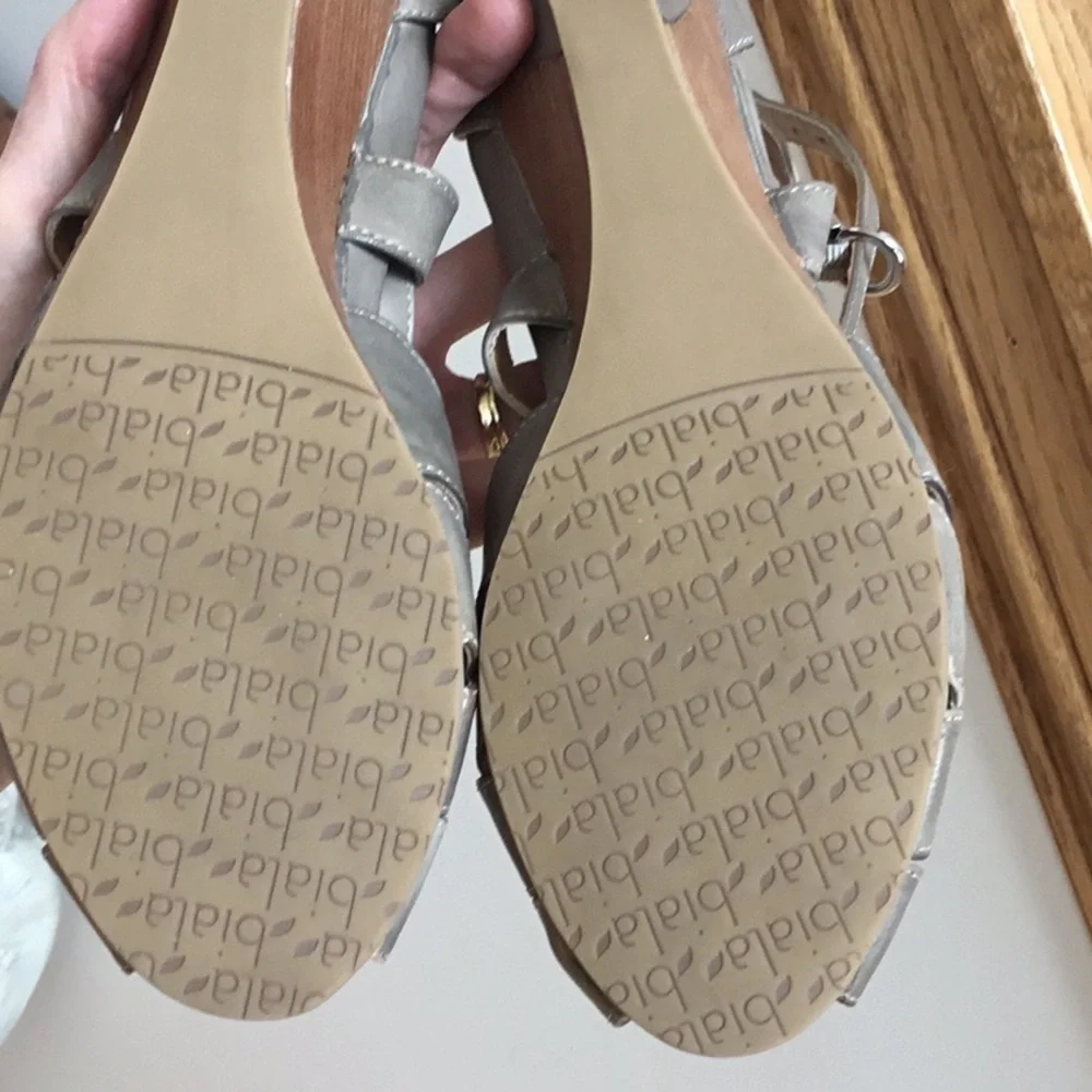BIALA Peep Toe Wedge Leather Tan Gray Ankle Wrap Strap Shoes Size 39
